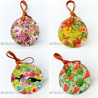 Circle Rattan Sling Bags Bali With Flower Decorations Handmade